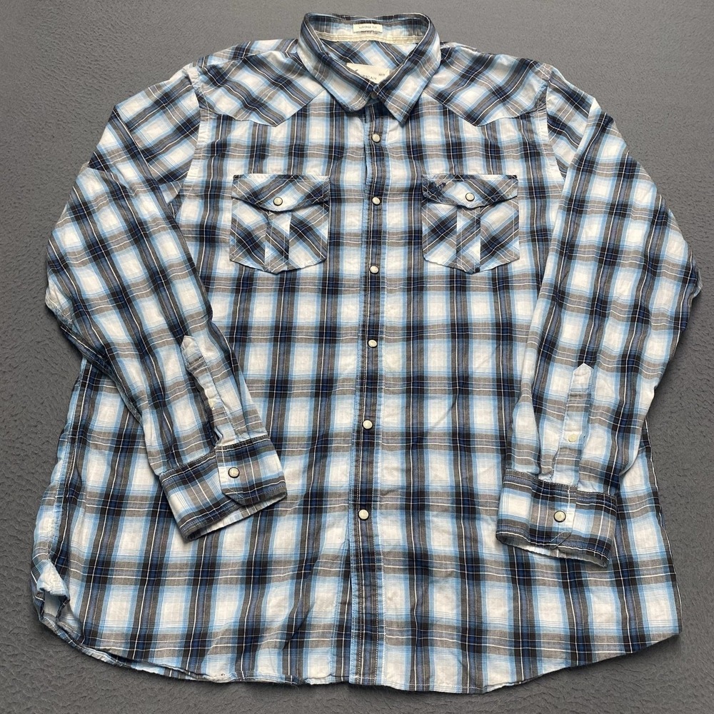 American Eagle Outfitters Shirt Mens 2XL Blue Plaid Long Sleeve Snap Western